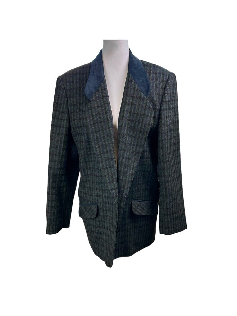 Vintage David N Blazer Wool Plaid Suede Collar Size 14 Black Green Dark Academia